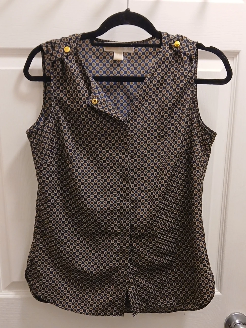 Michael Kors Navy and Cream Geometric Sleeveless Blouse with Gold Accent